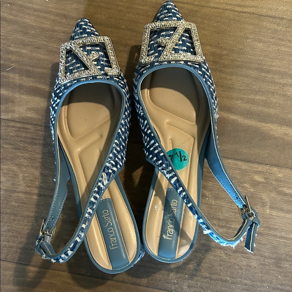 Franco Sarto Blue Tweed Slingback Flats with Crystal Buckle Accent